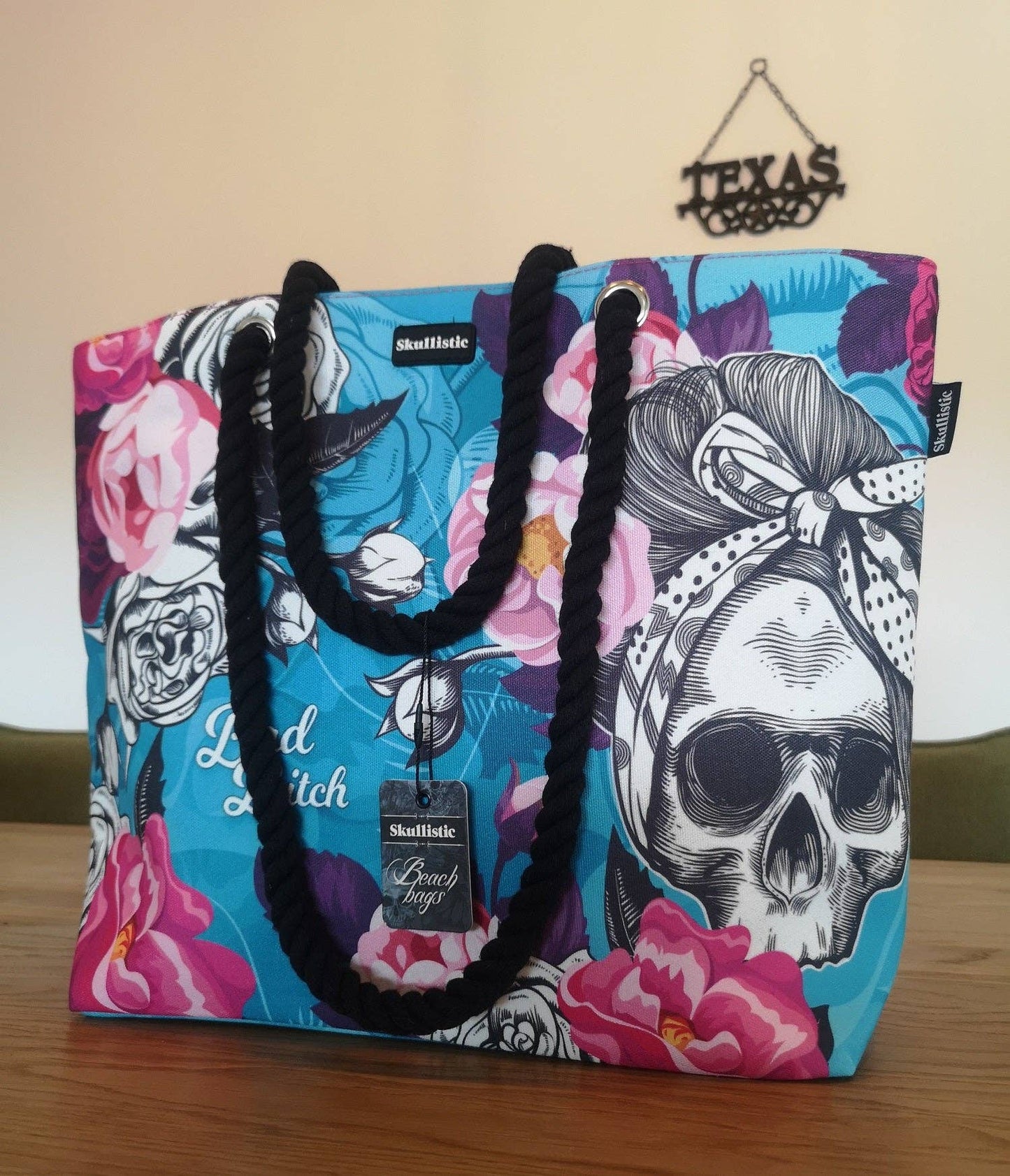 Bad Bi'#$ Flower Skull Shoulder Beach Bag