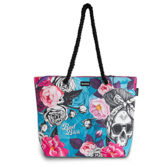 Bad Bi'#$ Flower Skull Shoulder Beach Bag